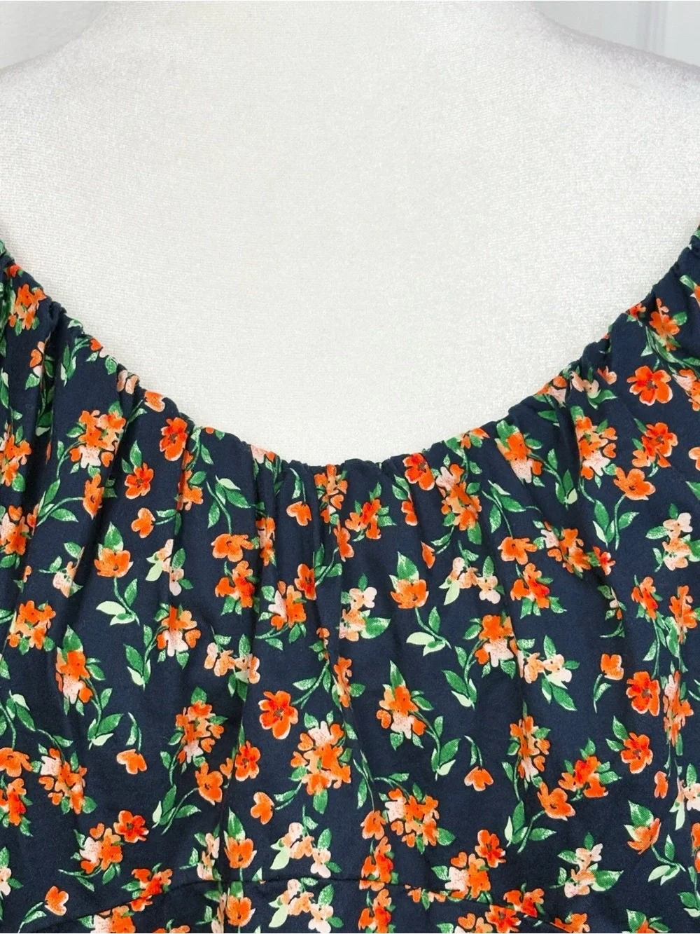 Old Navy Navy Blue & Orange Floral Print Puff Sleeve Smocked Trapeze Top XL
